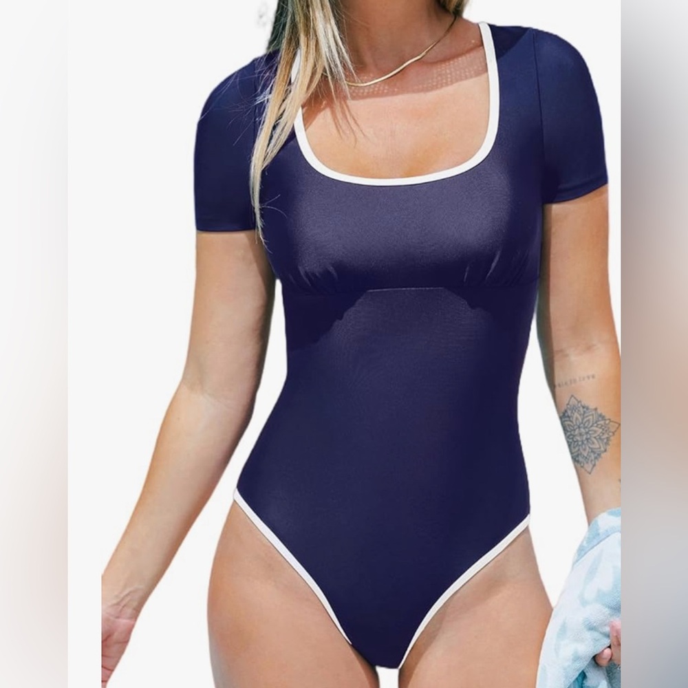 NWT CUPSHE XL Navy Blue short sleeve one Piece Swimsuit Bathing Suit Classic